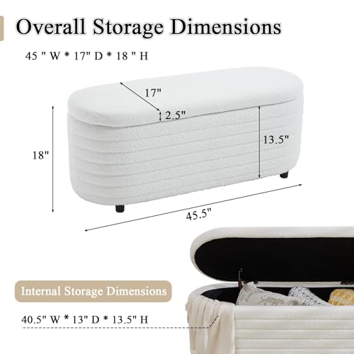 Storage Teddy Ottoman Bench Upholstered Fabric Storage Bench End of Bed Stool with Safety Hinge for Bedroom, Living Room, Entryway, Closet(44.5", White)
