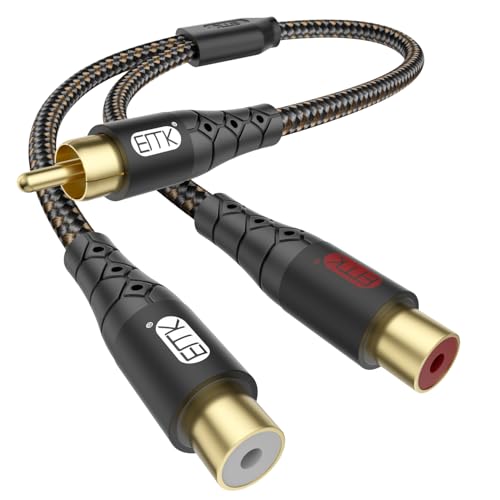Image of EMK RCA Splitter Cable 1 Male to 2 Female Y Adapter with Copper Shell & 24K Gold-Plated Connector RCA Male to Dual RCA Female Extension Cord Black /1ft /0.3m