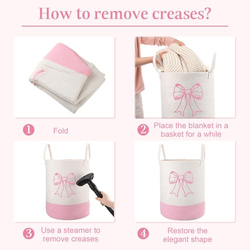 Image of Honeydak Pink Bow Cotton Rope Laundry Basket Hamper, Bowknot