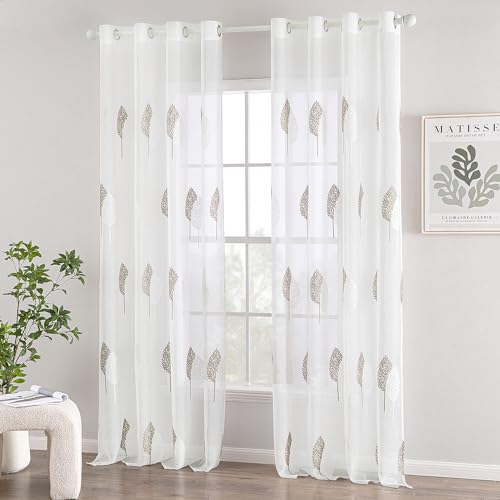 MIULEE Rideaux Voilage avec Beau Motif de Feuilles Couleur Lin et Blanc, Intérieurs Rideau Voile Brodé a Oeillets Largeur 140 CM Hauteur 260, Transparent...