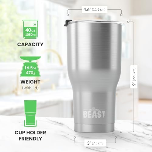 Beast 40 oz Tumbler Stainless Steel Vacuum Insulated Coffee Ice Cup Double Wall Travel Flask (Stainless Steel) - Image 4
