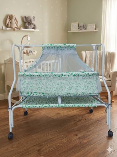 Image of Kiddery Auri | Cradle for Baby | New Improved Mattress Design | Mosquito Protection Net | Smooth Swing | All Wheel Lock | Palna | Jhula | Uyyala | 0-10 Months | Green