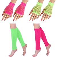 Guegine 2 Pairs of Leg Warmers 80s,Neon Leg Warmers, with 2 Pairs of Short Fishnet Gloves,Fashionable and Colorful,Suitable for Role-Playing,Parties,Christmas(Rose Red + Green)