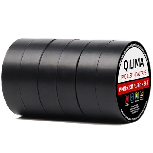 QILIMA Black Electrical Tape 19MM x 20M Pack of 6-Strong Self-Adhesive PVC Insulation Tape for Insulating Repairing and Protecting Electrical Wires