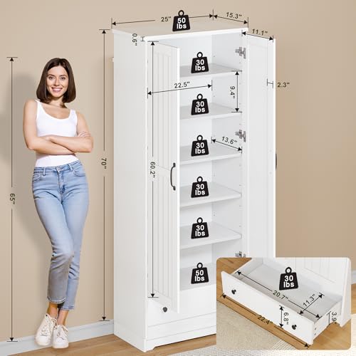 Image of Decofy 70 inch Tall Storage Cabinets, Large Wood Storage Pantry Cabinet with 6 Adjustable Shelves, Drawer & 2 Striped Doors, Standing Utility Cabinet for Kitchen, Dining Room, Bathroom (White)