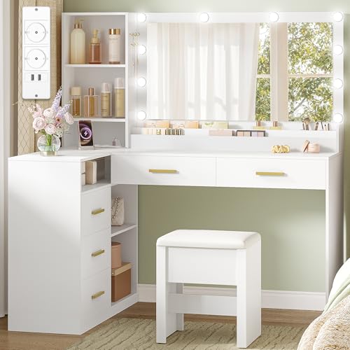 HEXCELEN Eck-Schminktisch mit Hocker, Schminktisch mit Großer...