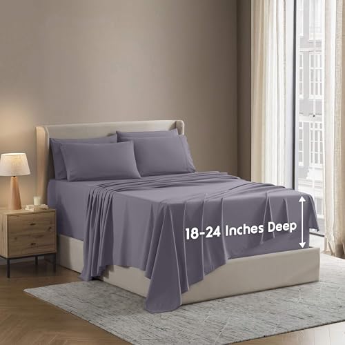 Image of Nestl Extra Deep Cal King Sheet Set - 6 Piece Breathable & Cooling Sheets - Hotel Luxury Bedding Set w /18-24 Inch Deep Pockets - Easy & Secure Fit - Super Soft, Wrinkle Free & Comfy - Grayish Purple