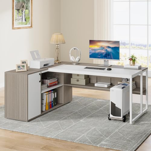 Image of Tribesigns 71 inch Executive Desk, L Shaped Desk with Cabinet Storage, Executive Office Desk with Shelves, Business Furniture Set Workstation for Home Office, Gray and White