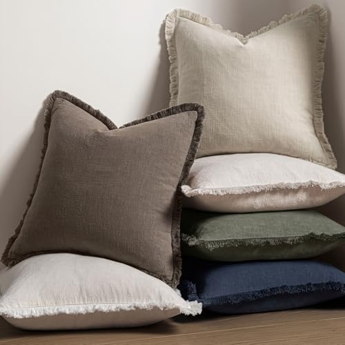 Image of MIULEE Decorative Throw Pillow Covers Neutral Linen Fringe Throw Pillows Set of 2 Natural Coffee Boho Farmhouse Cushion Covers with Tassels for Couch Sofa Bed Living Room Fall Decor 18x18 Inch