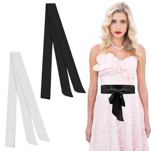 2Pcs Ladies Satin Waist Belts 79x2Inch Satin Scarf Belts Sash Necktie Neck Choker Solid Color Narrow Ribbon Long Sash Belt for Special Occasion Formal Prom Party (Black and White)