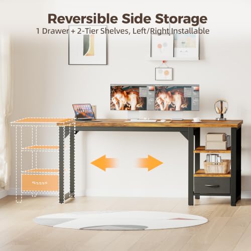 Image of Mericonia 54 in Computer Desk with Drawer, 1 inch Thick Reversible Office Desk | Large Modern Writing Table with Storage Shelves, Heavy Duty Industrial Executive Desk for Home Bedroom Study Work