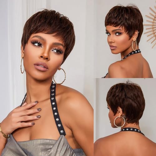 Luxclipse Dark Brown Pixie Cut Wigs Human Hair for Women,