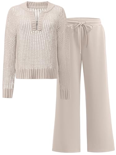 ANRABESS Womens 2 Piece Outfits 2025 Fall Crochet Knit Half Zip Sweater Top Wide Leg Pant Travel Matching Sets Lounge Clothes Light Tan Medium