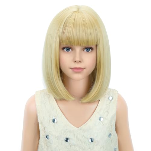 PATTNIUM Kids Blonde Wig with Bangs Child Short Blonde Bob Wig for Girls Cosplay Party Synthetic Rose Net Daily Wear Hair Wigs
