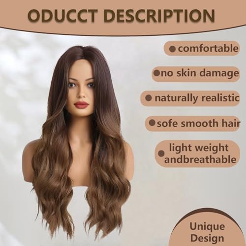 Haoland Long Ombre Brown Wavy Wig for Women 26 Inch Middle Part Curly Women's Charming Synthetic Wig with Natural Wavy Brown Heat Resistant Hair for Wedding Daily Party Use