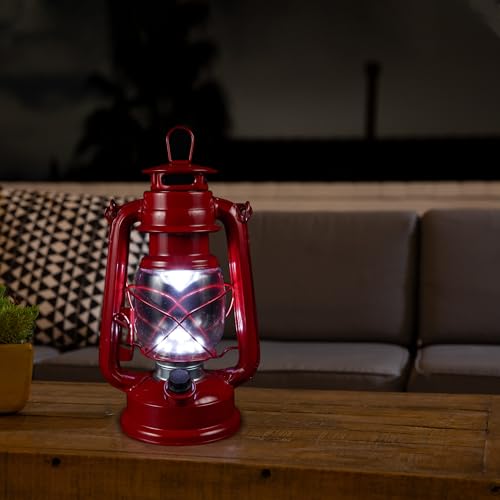 Image of Alpine Corporation 10 inch H Indoor /Outdoor Metal and Glass Hurricane Lantern with Dimmable LED Lights, Red