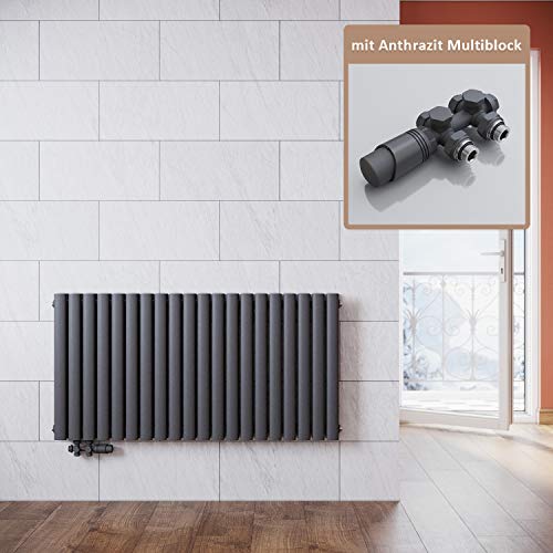 ELEGANT Heizkörper Modern Anthrazit 600x1180mm mit Anthrazit Multiblock Thermostat Design Heizkörper Horizontal Doppellagig Röhrenheizkörper Mittelanschluss