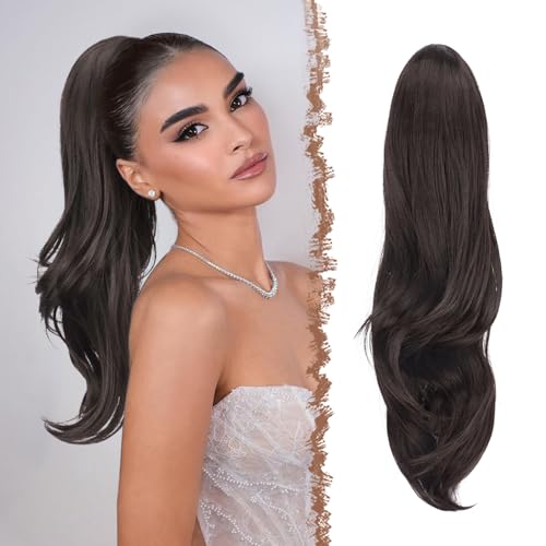 FESHFEN Extensión de cola de caballo con cordón, Natural Ondulado Rizado Sintético Marrón Negro Ponytail Extensiones Coleta Postizos para Mujeres, 50 cm