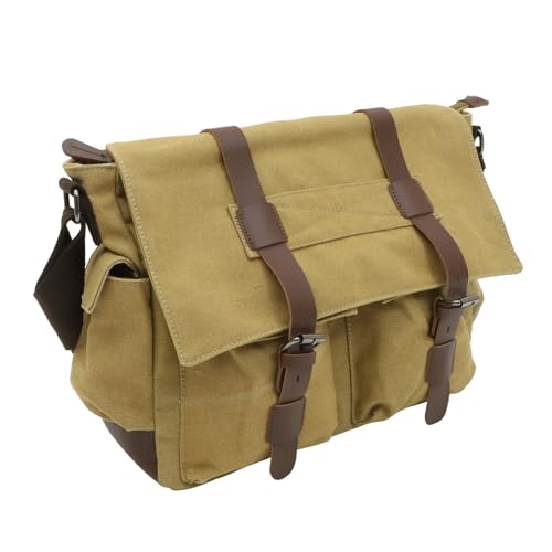 Canvas Leather Briefcase Shoulder Bag Retro Designed Crossbody Bag for Work School and Travel Khaki Color for Documents Files and Essentials - Main Image