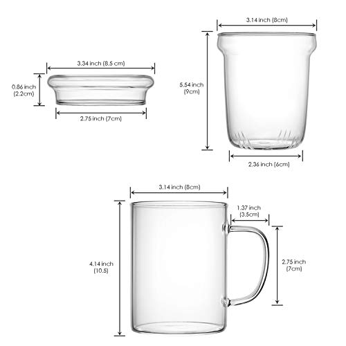 Lezero 14oz Tea Infuser Cups Kit for Loose Leaf-Tea Blooming, Glass Mug with Filter and Lid for Steeping Brewing, Heat Resistance, Lead-free, Microwave & Dishwasher Safe