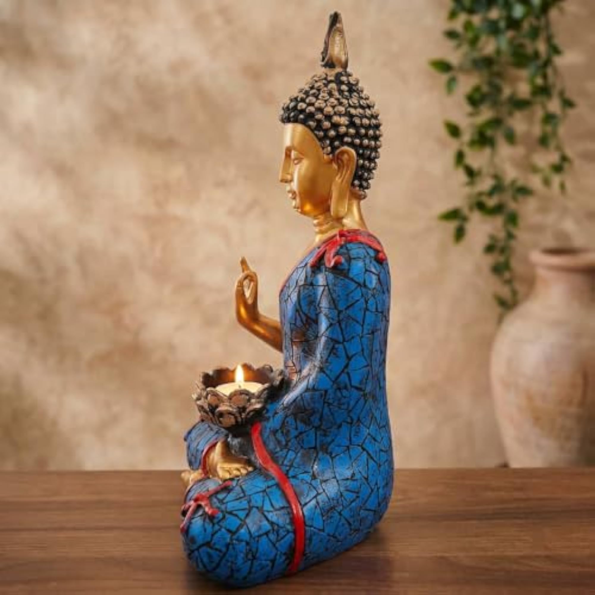 Meditating Sitting Buddha Idol Statue with Tealight Holder
