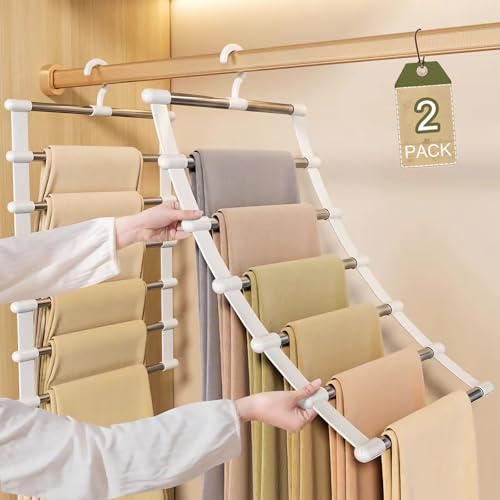 GOWODOOO Perchas para pantalones ahorran espacio, 2 perchas de 6 pisos de acero inoxidable, ahorran espacio, 80 % plegable, antideslizante, para apartamento, dormitorio, colgar pantalones, vaqueros