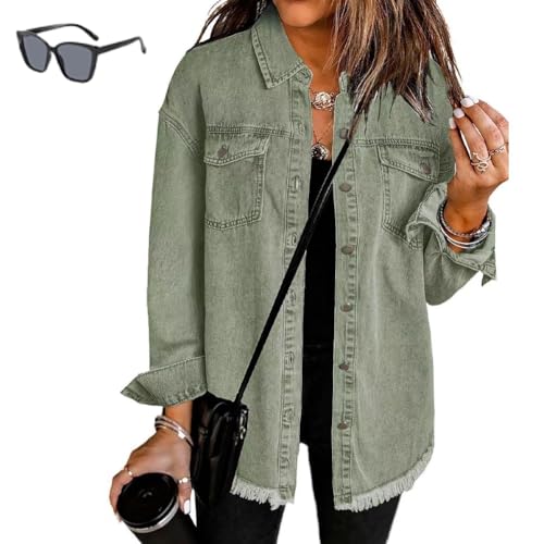 2025 Women's Casual Denim Button Down Distressed Jacket, Oversized Jean Jacket, Retro Casual Long Sleeve Shackets