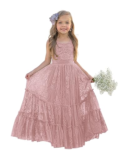 LalaMira Flower Girl Dress Lace Boho Toddler Dresses Ruffle Girl Dress for Wedding Garden Party Holiday Communion Sleeveless Dusty Rose-12 Months