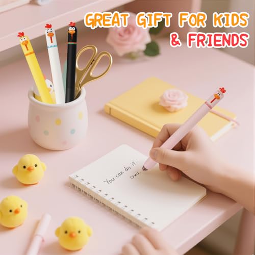 12 bolígrafos retráctiles gel negro diseño pollo miniatura 6
