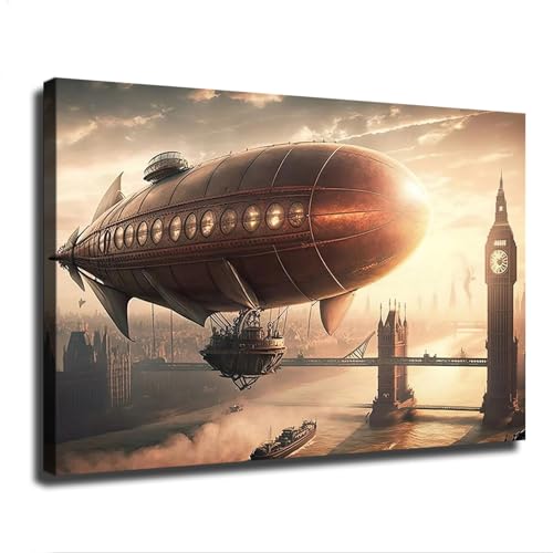Hekdi Steampunk Airship London Poster Canvas Painting Print Modern Aesthetics Living Room Bedroom Home Office Wall Art Decoration (Framed,24×36inch)