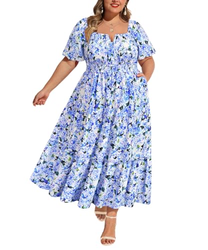 Image of RITERA Plus Size Dresses for Curvy Women Square Neck Short Sleeve Summer Floral Smocked Maxi Dress with Pocket XL-5XL