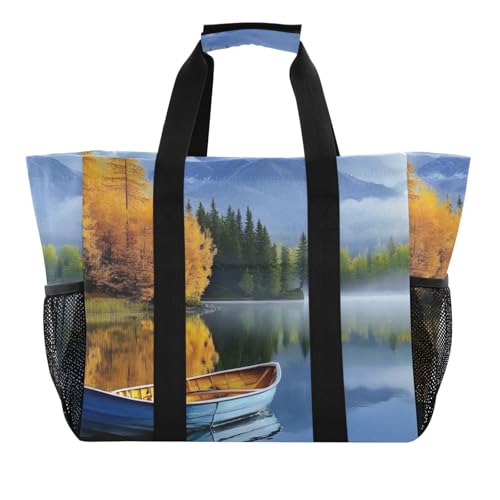 Large Tote Bags Boat Moutain Autumn Landscape for Women Canvas Tote Purse Reusable Grocery Bags Top Handle Handbags for Travel, Work