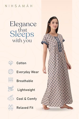 Image of NIHSAMAH Cotton Nighty for Women with Pocket, Premium Printed Long Nighty | Comfortable & Fancy Sleepwear /Nightwear