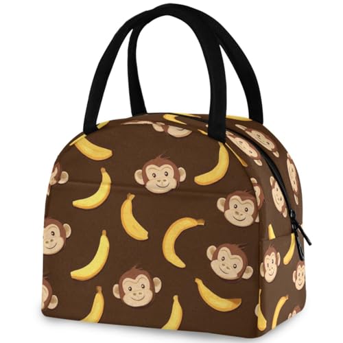 Funny Cartoon Monkey Banana Brown Large Insulated Cooler Lunch Tote Bag