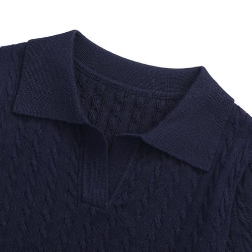 Image of Girls Short Sleeve Polo Shirt Summer Knit School Uniform Blouse V Neck Cable Pullover Sweater Tops 5-14 Years