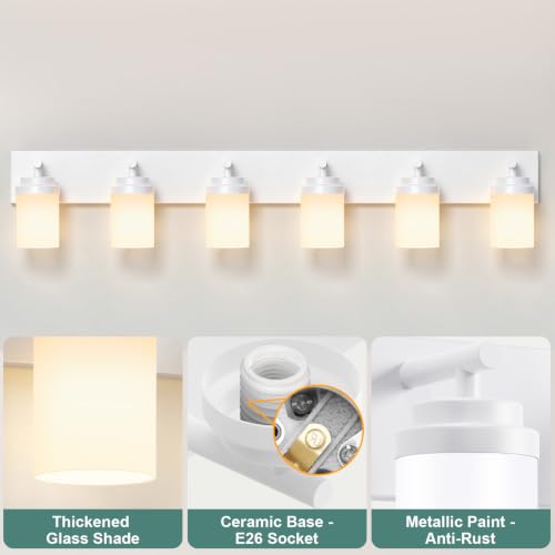 Image of IZORRO Bathroom Light Fixture White, White Glass Shade 46-Inch 6-Light | Bathroom Light Fixtures Over Mirror, Modern Farmhouse Vanity Lights, Rustic Restroom Lighting Fixtures