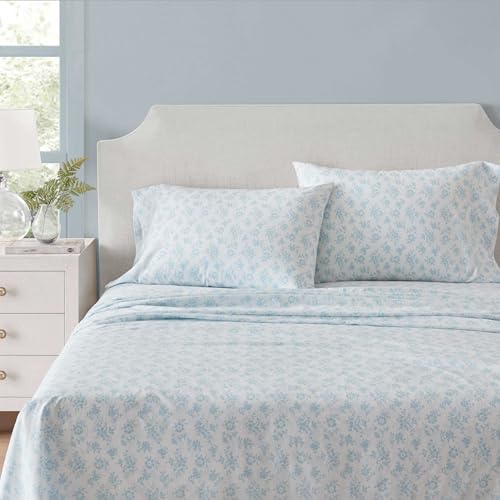 Image of Martha Stewart - Twin Size Sheets Set, Crisp & Tailored Cooling Sheets w /a Naturally Smooth Cotton Percale Lightweight Feel - Bed Sheets with Matching Pillowcase & Fitted Sheet (Floral Blue)