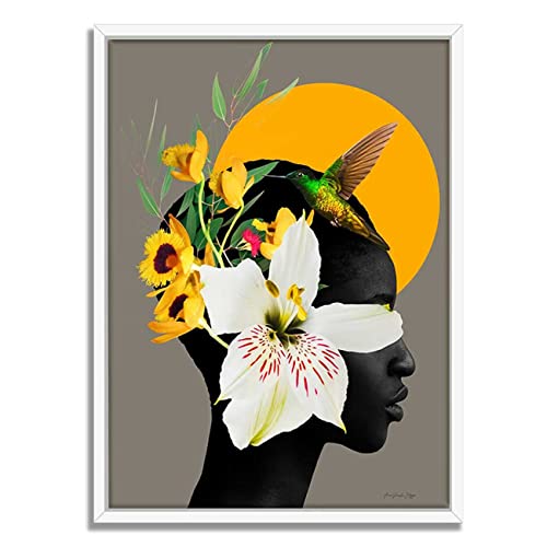 Image of PAINTINGMANTRA Marigold Yellow Girl Flower Bouquet White Framed Canvas Print for Wall, Home and Living Room Decoration (Size - 23 x 17 Inchs)