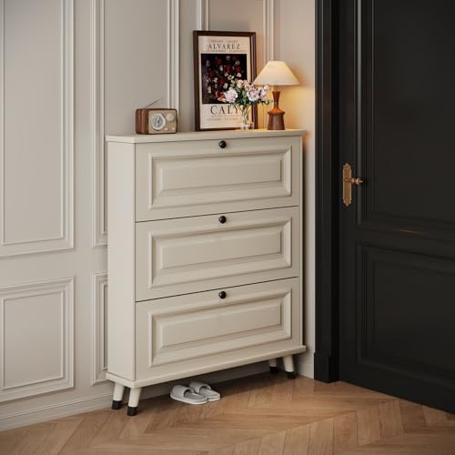 ksxnkhk Zapatero Moderno, Estrecho y Delgado con 3 cajones abatibles, Estante Oculto Ajustable y Patas metálicas Que ahorran Espacio para recibidor, Pasillo, A, 90x17x118cm (35x7x46 pulgad