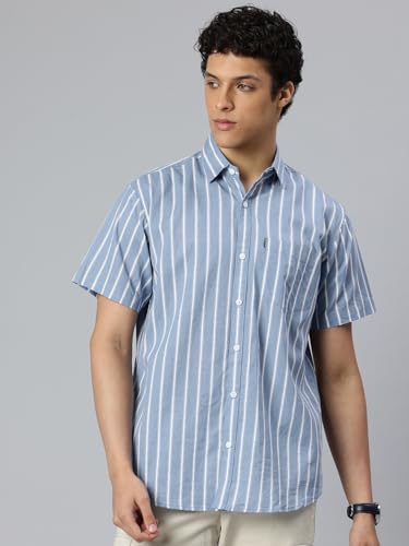 Image of Majestic Man Men's Pure Cotton Striped Half Sleeve Slim Fit Casual Shirt for Men