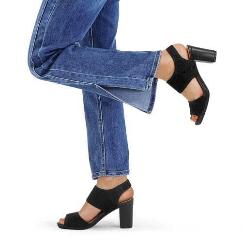 mysoft Women's Chunky Block High Heels Elastic Knit Open Toe Slingback Heeled Sandals3