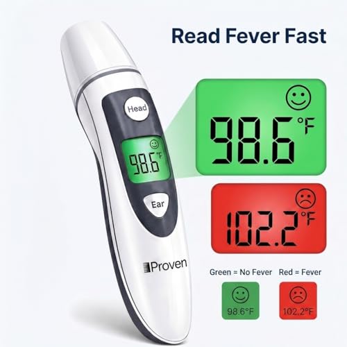 iProven Ear and Forehead Thermometer for Adults Kids and Baby - 2-in-1 Ear and Forehead, 1-Second Readings, Fever Alert Color Indicator, 20 Memory Recall - Family Digital Thermometer for Home Use