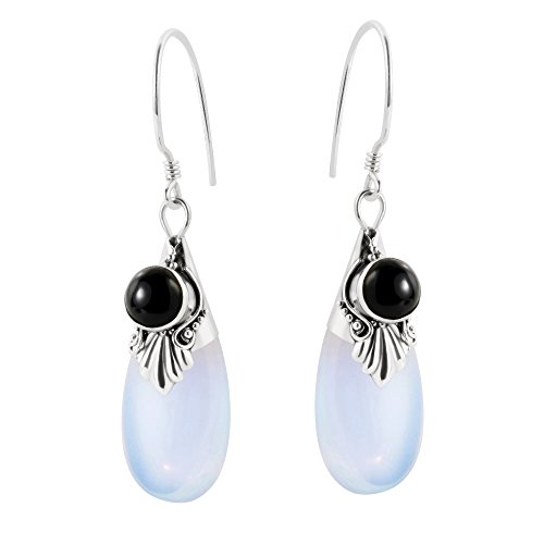 AeraVida Vintage Inspired Classic Elegance Teardrop Shaped Reconstructed Moonstone and Black Onyx Accents in .925 Sterling Silver Fishhook Dangle Earrings2