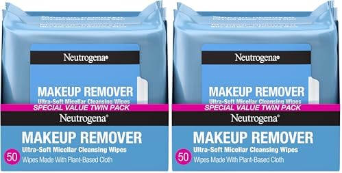 Neutrogena Makeup Remover Wipes Micellar Alcohol-Free Face Towelettes Remove Waterproof Mascara & Oil, Compostable 100% Plant-Based Cloth, Dermatologist & Ophthalmologist Tested, Twin Pack 2 x 25 ct