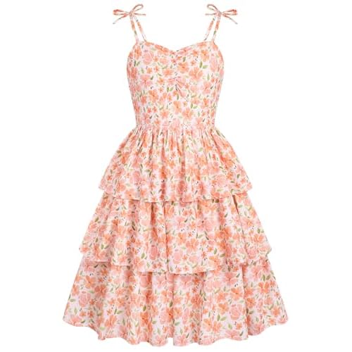 HOZIY Girls Summer Dress Teen Spaghetti Strap Ruched Sweetheart Short Dresses Kids Junior Ruffle Tiered Sundresses 7-16 Years 9-10 Years Orange Floral