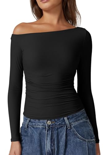 QINSEN Women's Sexy Off Shoulder Shirt Long Sleeve Double Lined Tops Side Ruched Fitted Tees