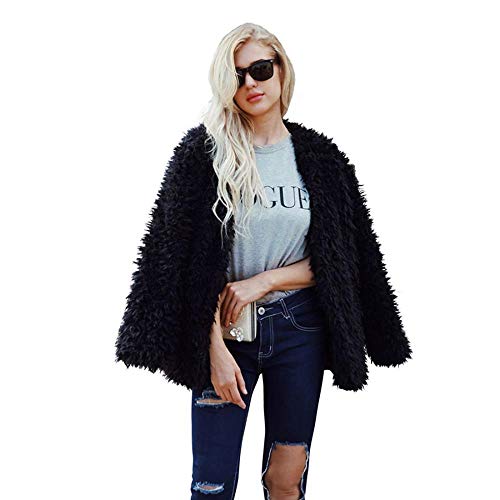 Women Fashion Long Sleeve Fluffy Fuzzy Faux Fur Coat Open Front Cardigan Jacket Coat Shaggy Shearling Parka (Black,S)