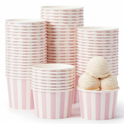 Image of Zopeal 50 Count Light Pink Striped Ice Cream Cups Disposable Dessert Bowls | 9 oz Paper Ice Cream Bowls, Birthday Party Supplies, Snack Cups Sundae Picnic Yogurt Bowls for Food