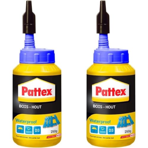 Pattex Bois Hout Waterproof, Biberon de colle à bois résistante, Colle vinylique pour montage, assemblage, placage ou contrecollage en milieu humide et chaud, 250 g (Lot de 2)