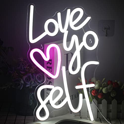 Gamerneon Love Yoself Neon Sign White Pink LED Neon Lights for Wall Decor USB Neon Light Signs for Bedroom Home Living Room Birthday Party Gifts